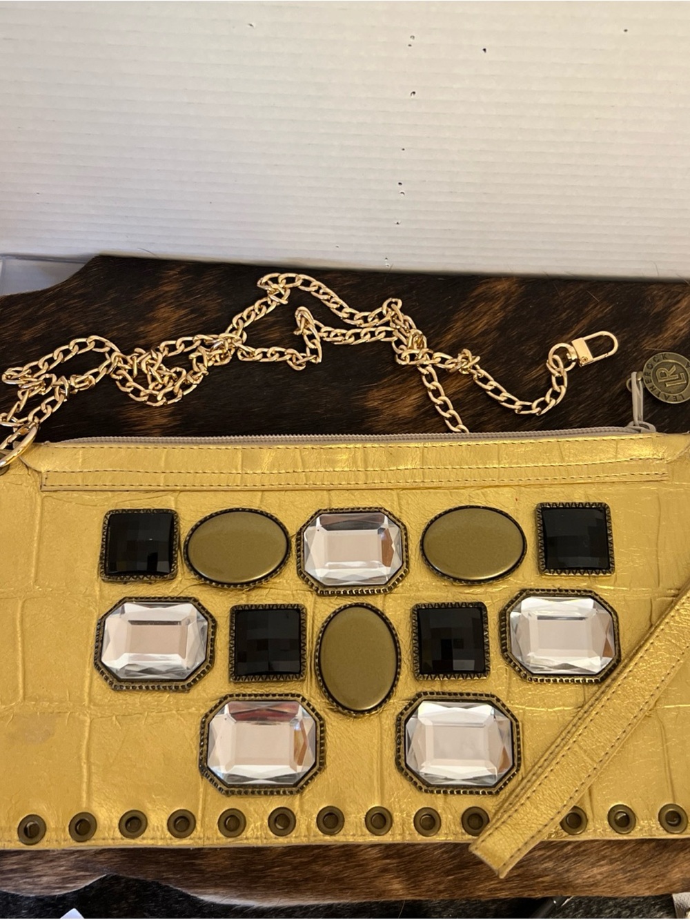 Leather Rock Genuine Leather Croc Design Embellished Clutch Wristlet Crossbody